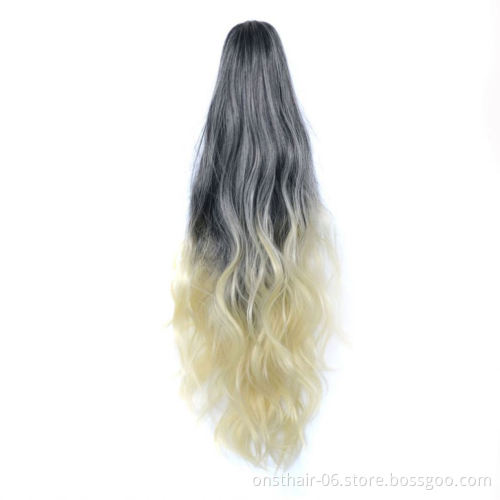 MYZYR Corn Wavy Long P onytail Synthetic Hairpiece Wrap on Clip Hair Extensions Ombre Brown P ony Tail Blonde Fack Hair